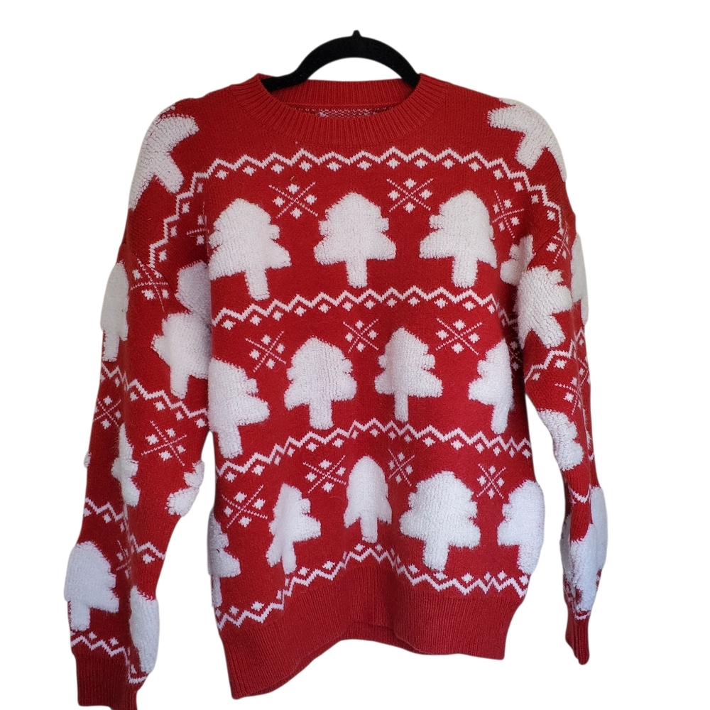 Red and White Fluffy Christmas Tree Size Small Holiday Crew‎ Neck Sweater